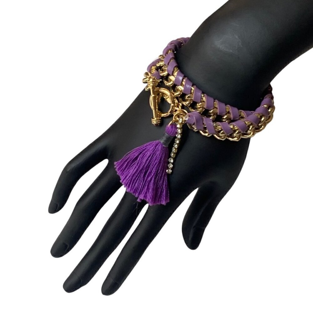 Ettika Double Wrap Toggle Clasp Bracelet Braided Gold Chain Purple Leather Boho